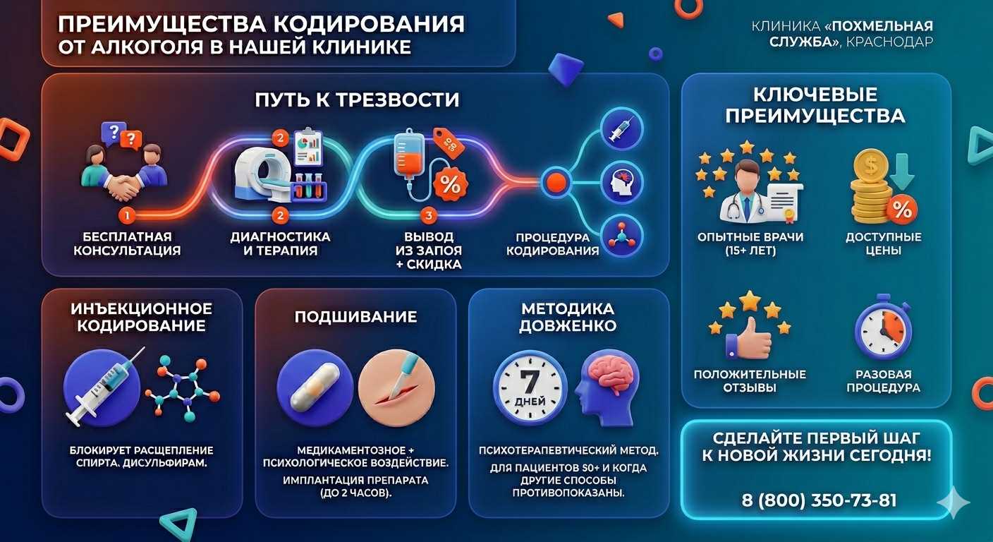 Инфографика о методах кодирования от алкоголя в Роговской: инъекции, подшивание, метод Довженко. Преимущества клиники и этапы лечения.