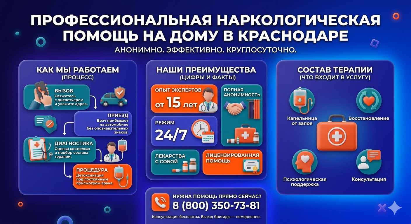 Инфографика о принципах лечения алкоголизма на дому в Роговской: этапы вызова нарколога, преимущества анонимной детоксикации и состав медицинской помощи.